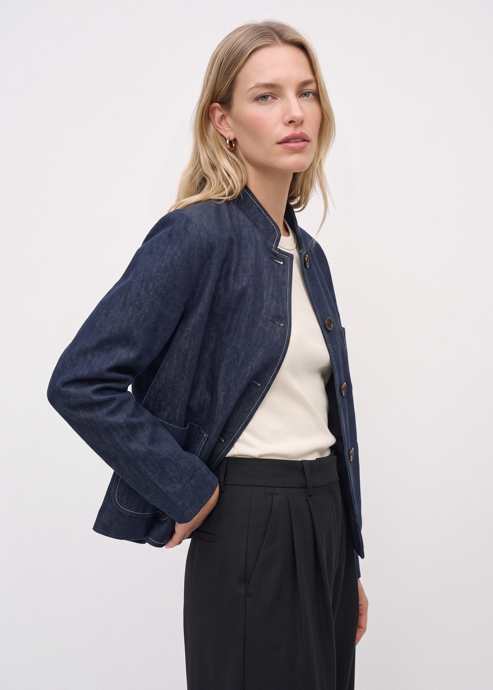 Lined denim jacket, three-quarter view