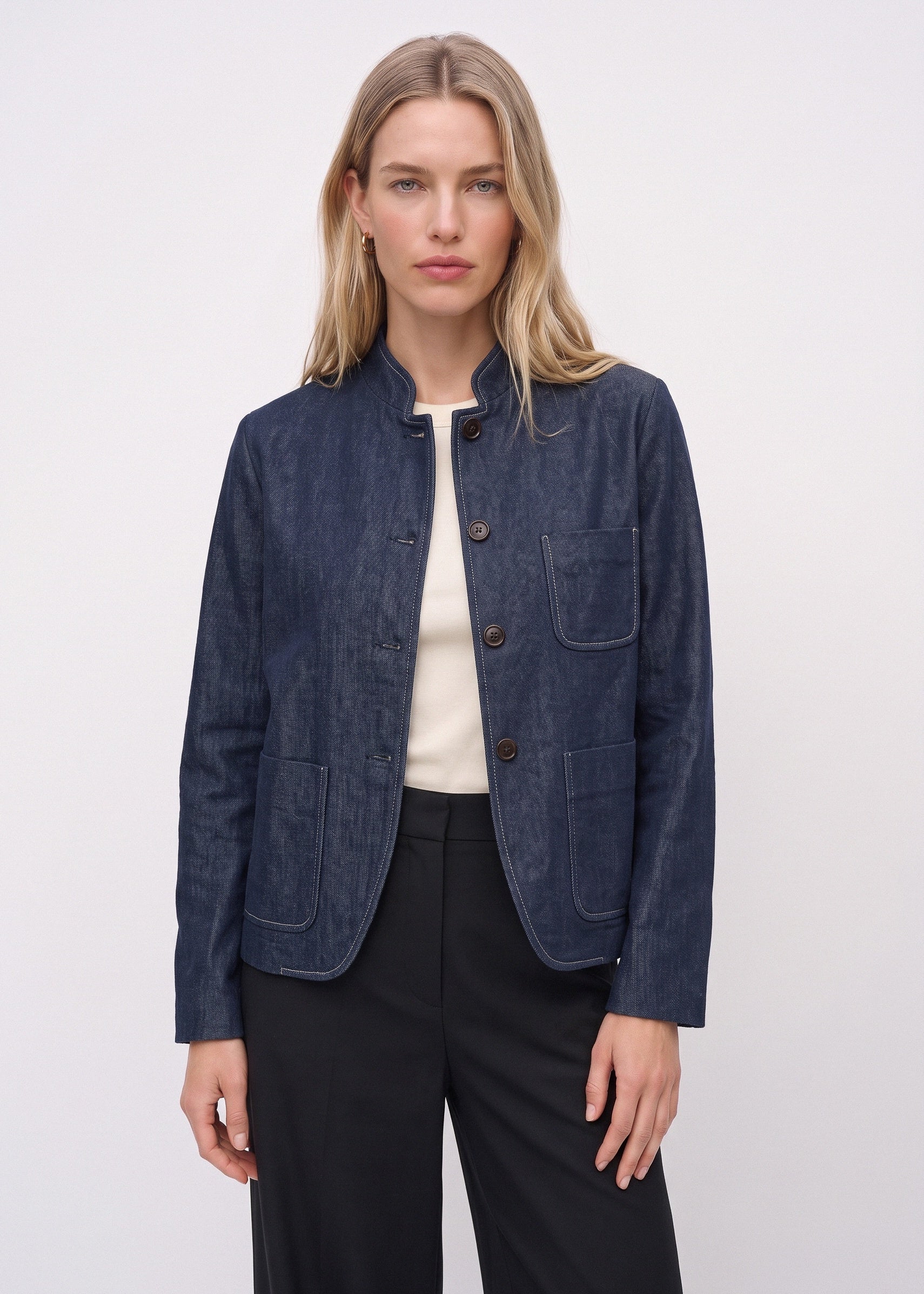 Dark indigo jacket with rounded front edges