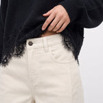 White corduroy pants, waistband and ribbed fabric detail