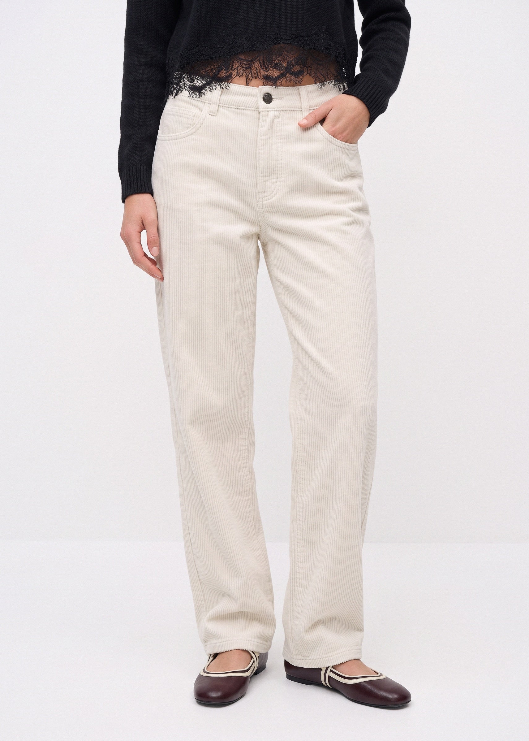 White corduroy pants, straight-leg front view