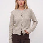 Beige button-front cardigan, front view