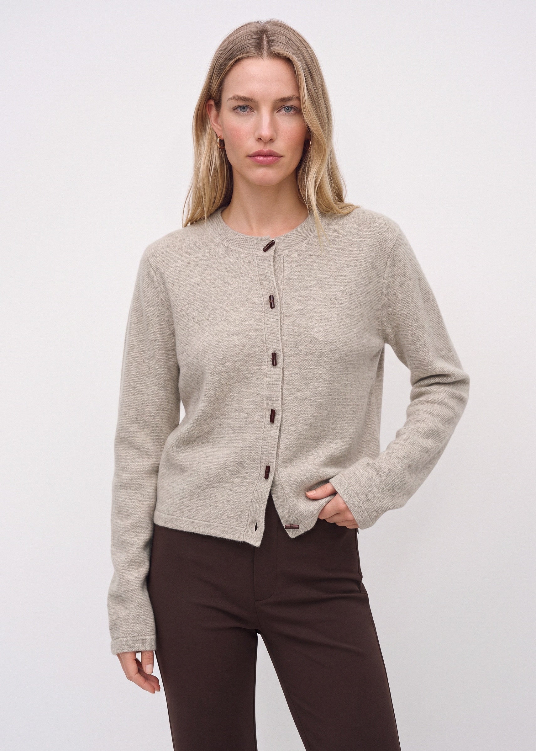 Beige button-front cardigan, front view
