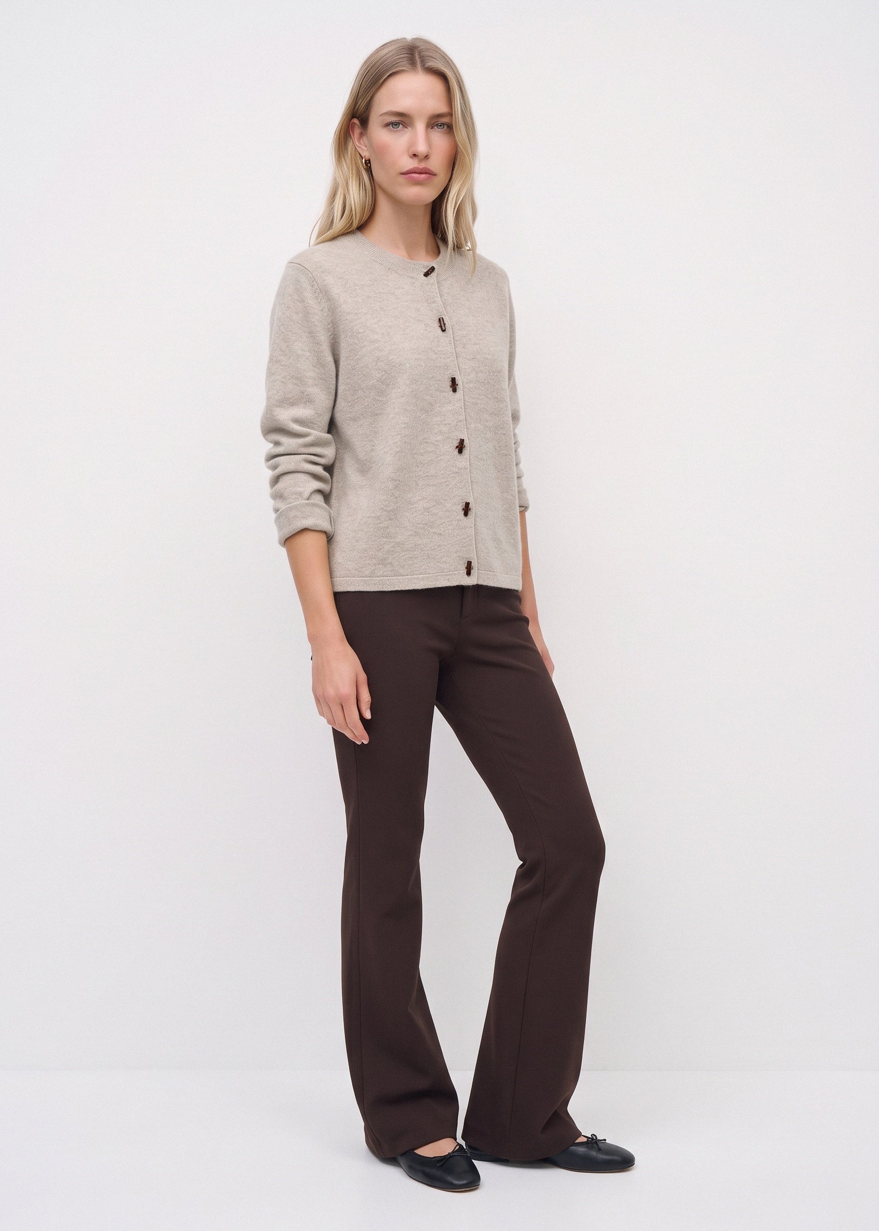 Beige merino cardigan, full outfit view
