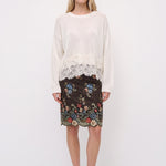 White lace-hem linen sweater, full outfit view
