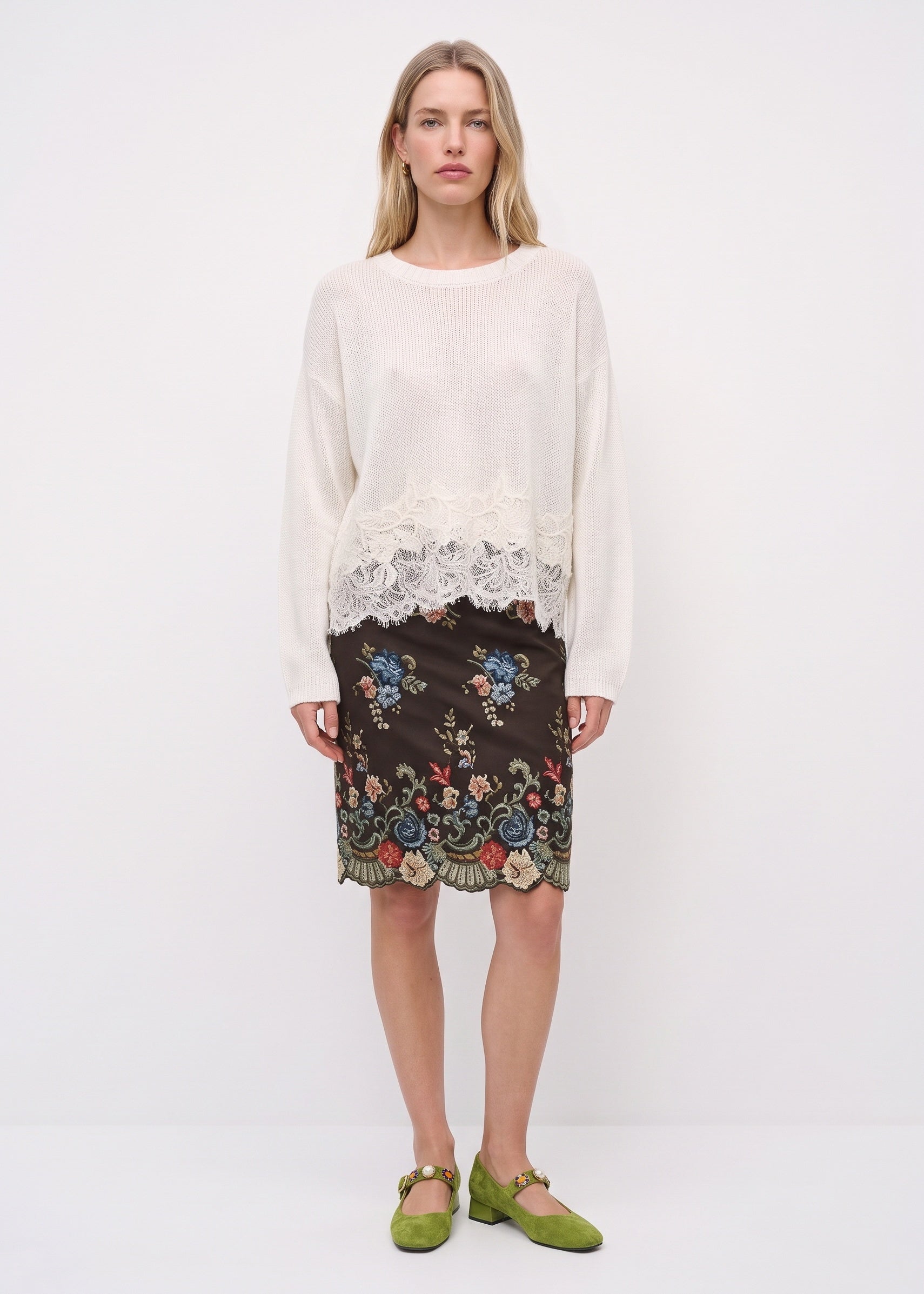 White lace-hem linen sweater, full outfit view
