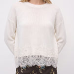 White sweater ribbed crew neck and floral lace detail