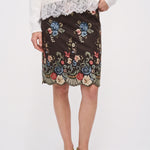Brown cotton pencil skirt with floral embroidery, front view