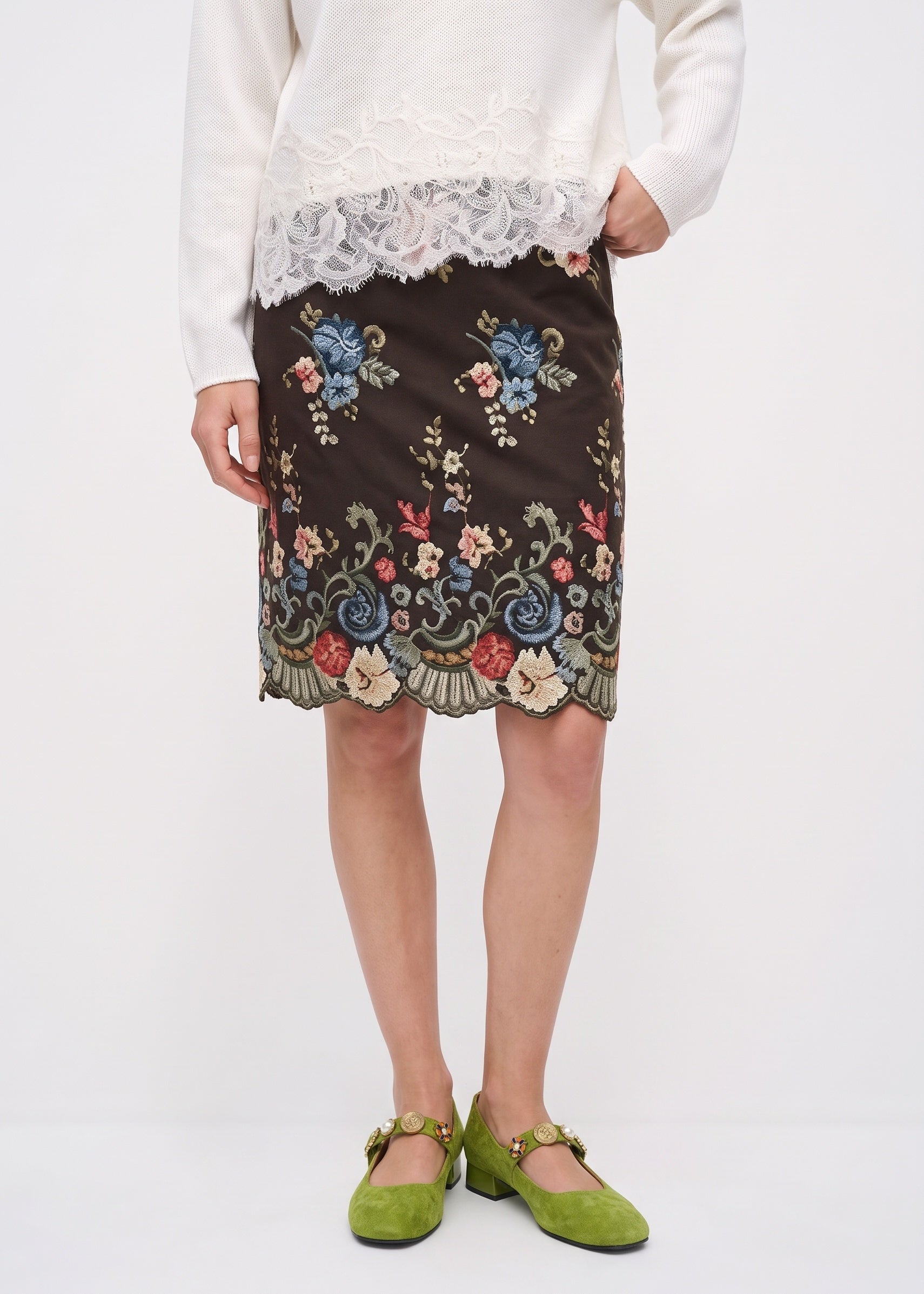 Brown cotton pencil skirt with floral embroidery, front view