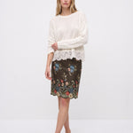Floral embroidered knee-length skirt, full outfit view