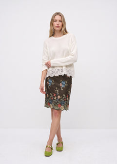 Floral embroidered knee-length skirt, full outfit view