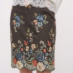 Blue and pink floral embroidery and scalloped skirt hem detail