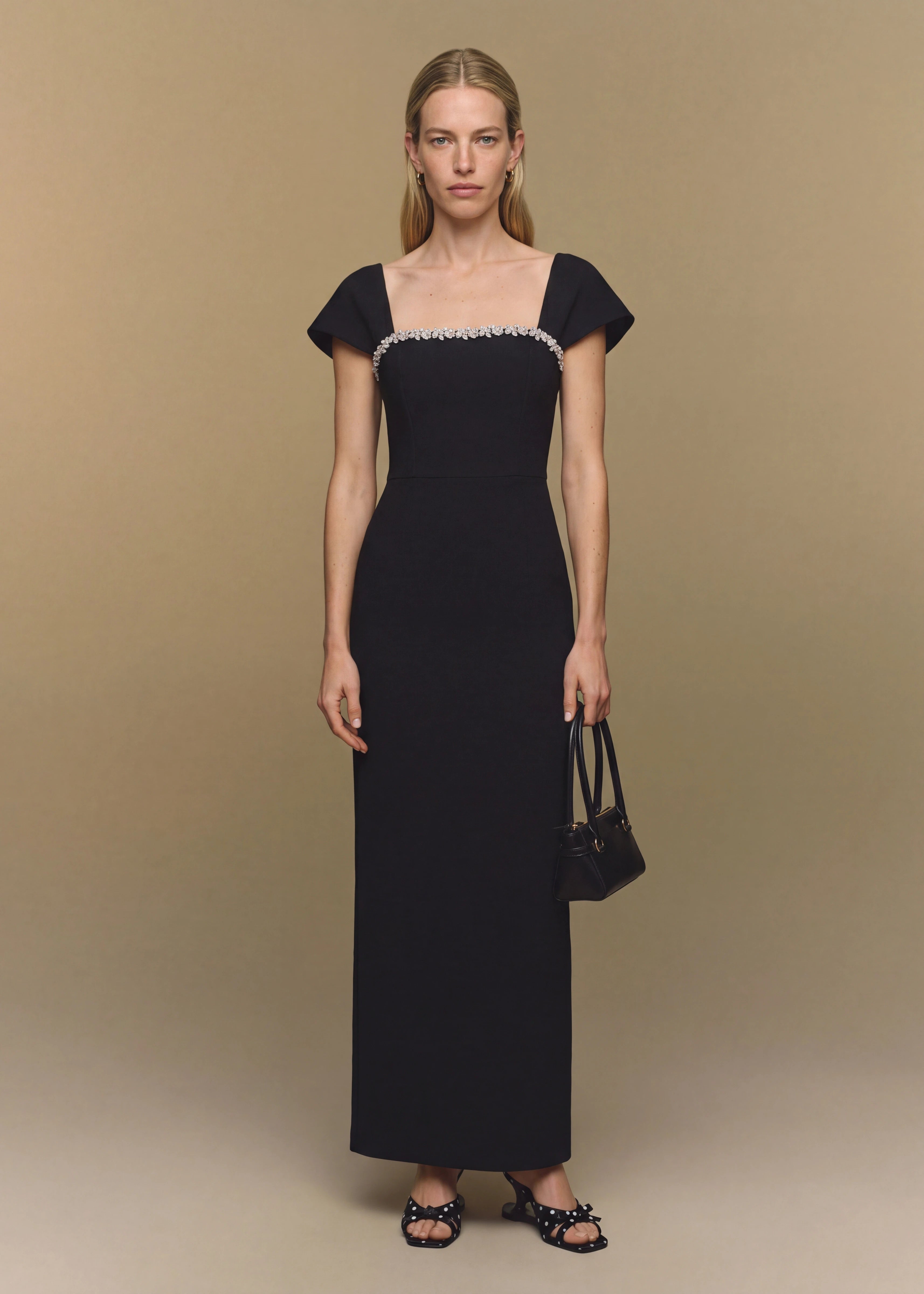 Formal Dress Women's Black Square Neck Cap Sleeve Maxi Dress with Crystal Floral Neckline Trim Formal Dress Women's Black Square Neck Cap Sleeve Maxi Dress with Crystal Floral Neckline Trim